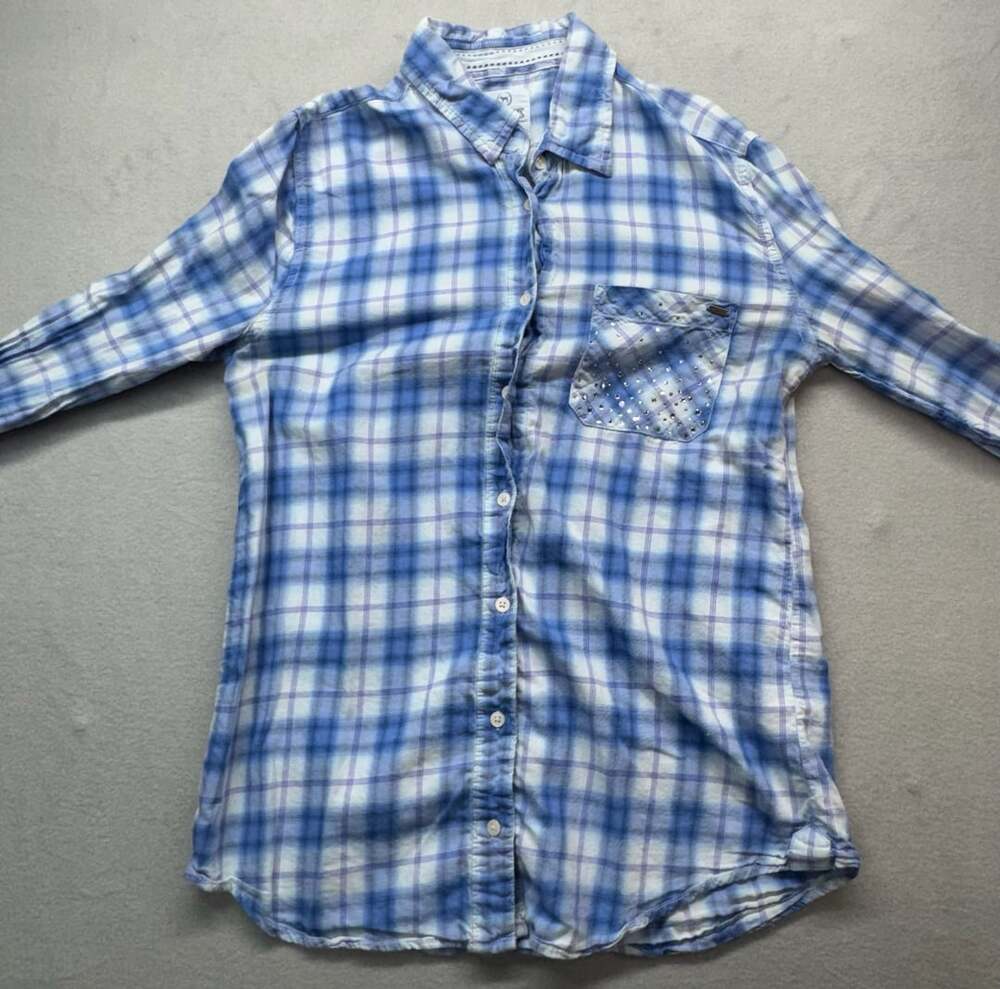 PINK Victoria's Secret Plaid Button Down Shirt Size M Blue Rhinestones